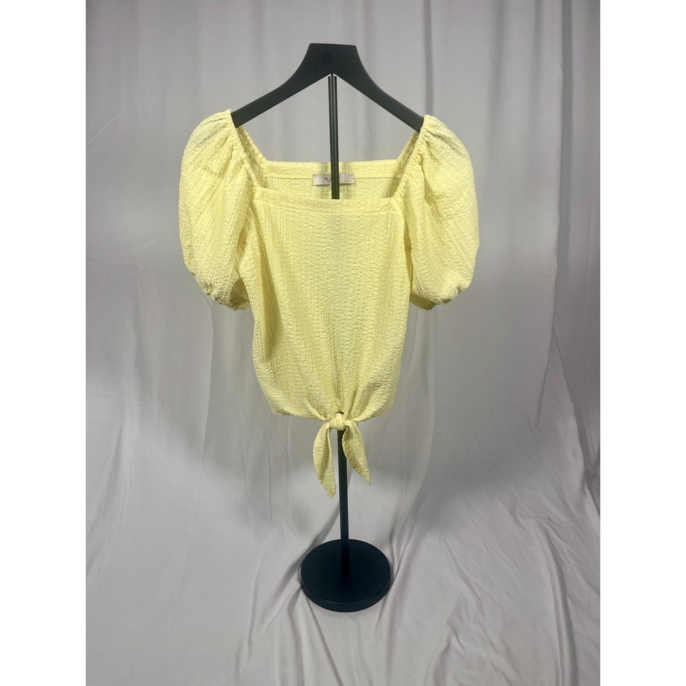 LOFT Yellow Textured Puff Sleeve Tie Front Top Coquette Cottage Size XS